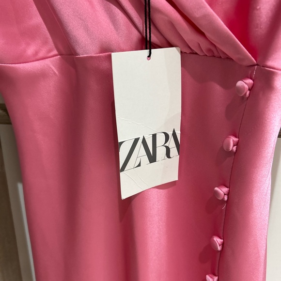 Zara Spaghetti Strap Pink Satin Slip Maxi Dress Side Slit Buttons Women’s S NWT - Picture 7 of 9